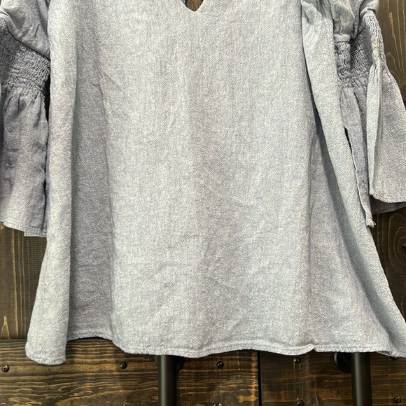 Free People Chambray Mini Dress Romper L Blue Mist Denim Look Boho Flare Sleeves - Picture 3 of 13